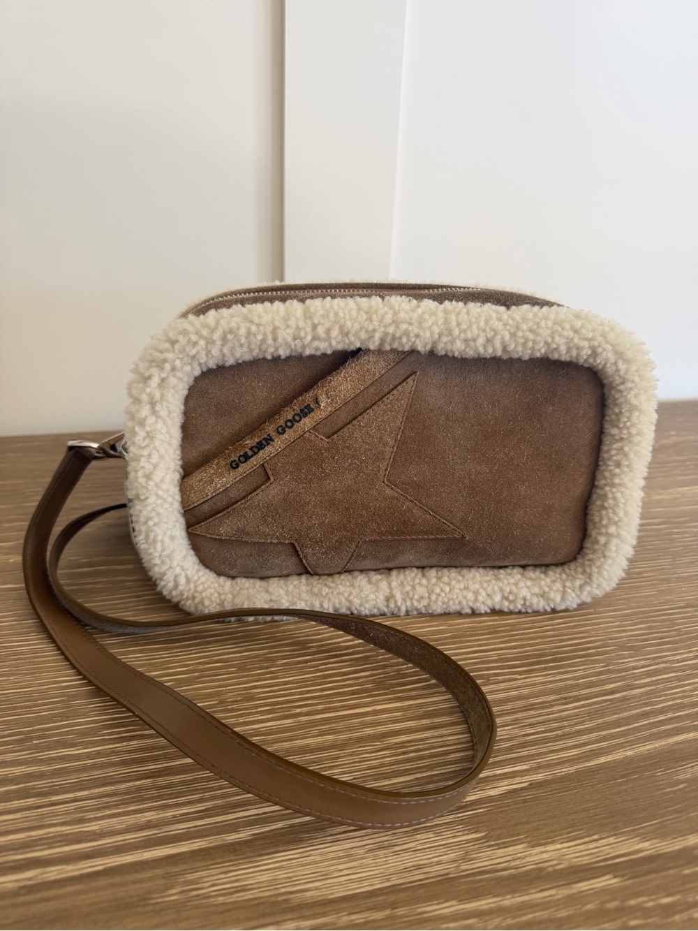 Golden Goose Brown Suede Crossbody with Cream Shearling Trim